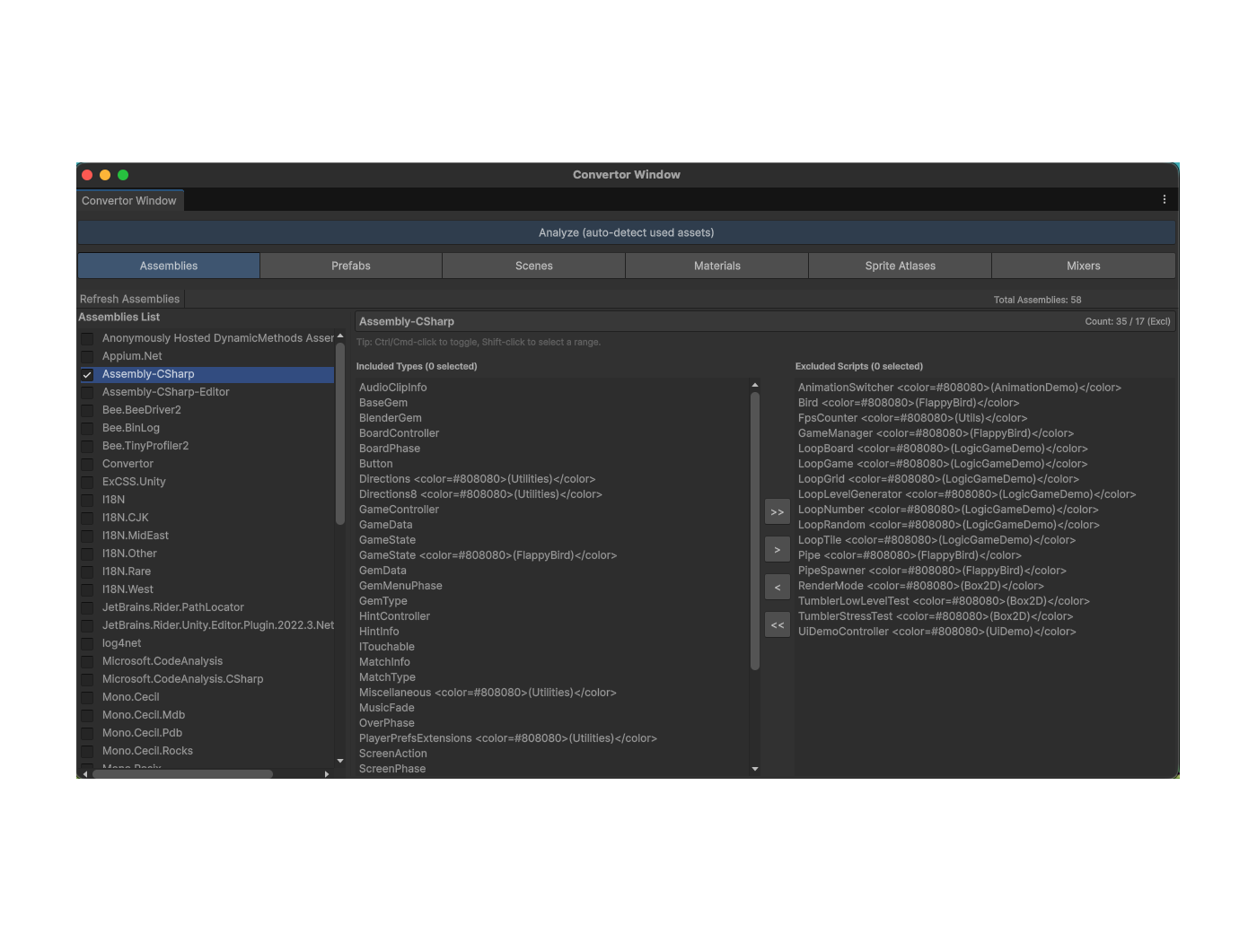 The converter window inside Unity, listing assemblies and types to export