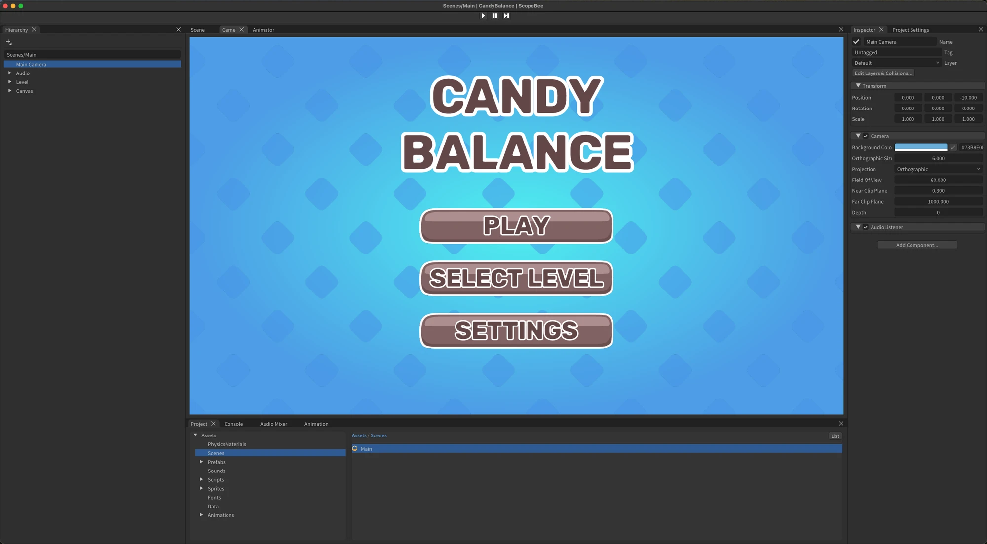 The Game panel of the ScopeBee editor running the game