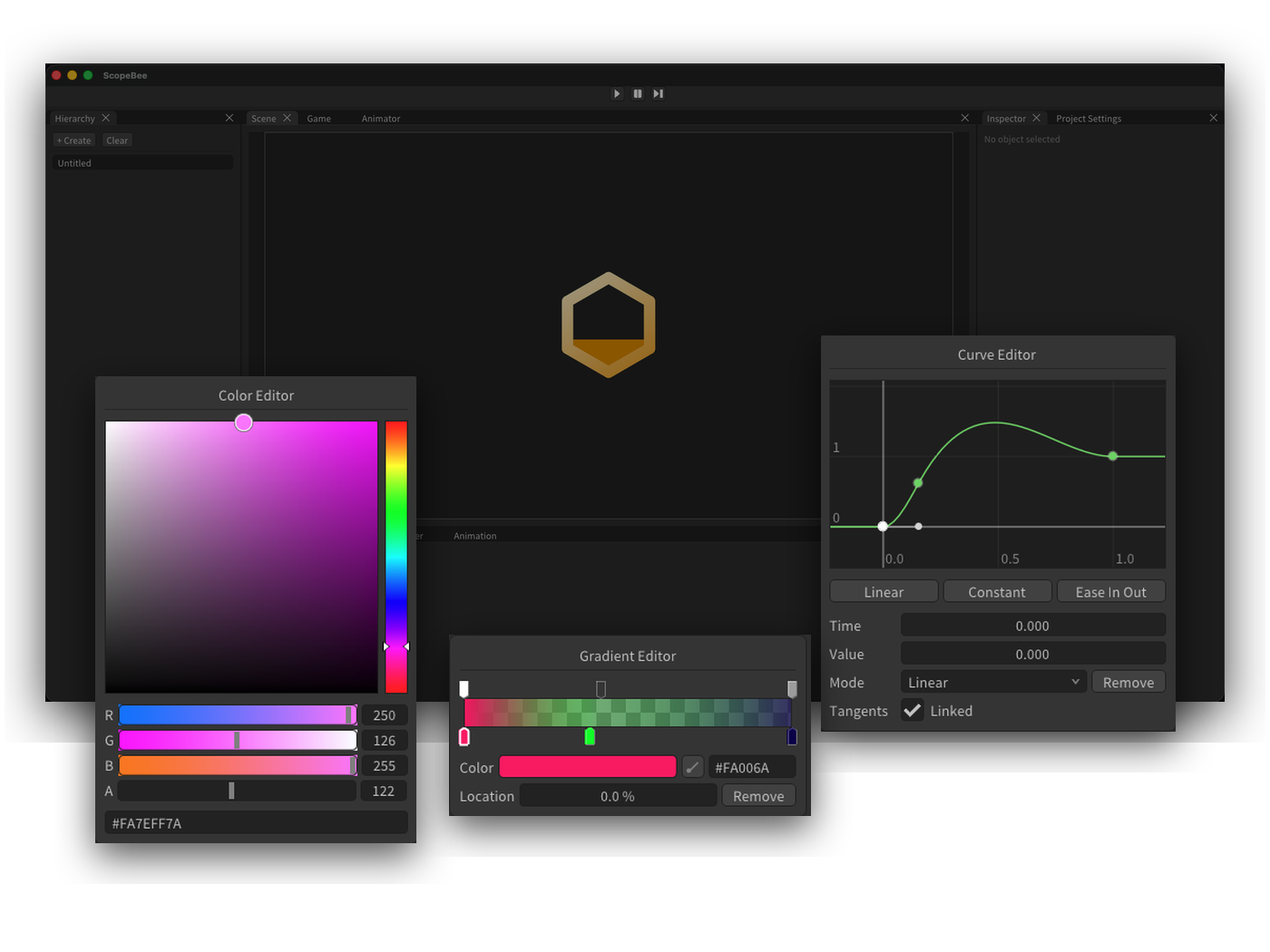 ScopeBee editor panels: colour picker, gradient and curve editors