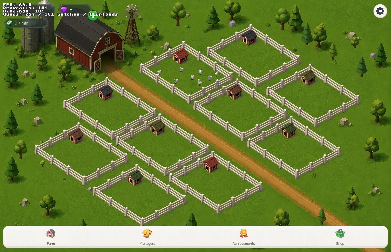 The farm scene without a baked atlas: the counter reads 181 draw calls
